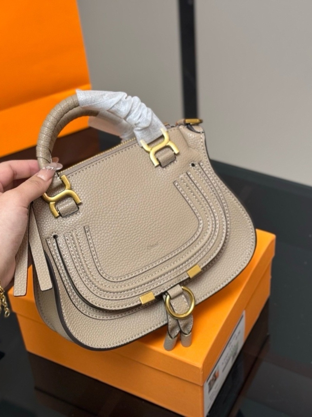 Chloé Beige Structured Leather Saddle Bag with Gold Hardware